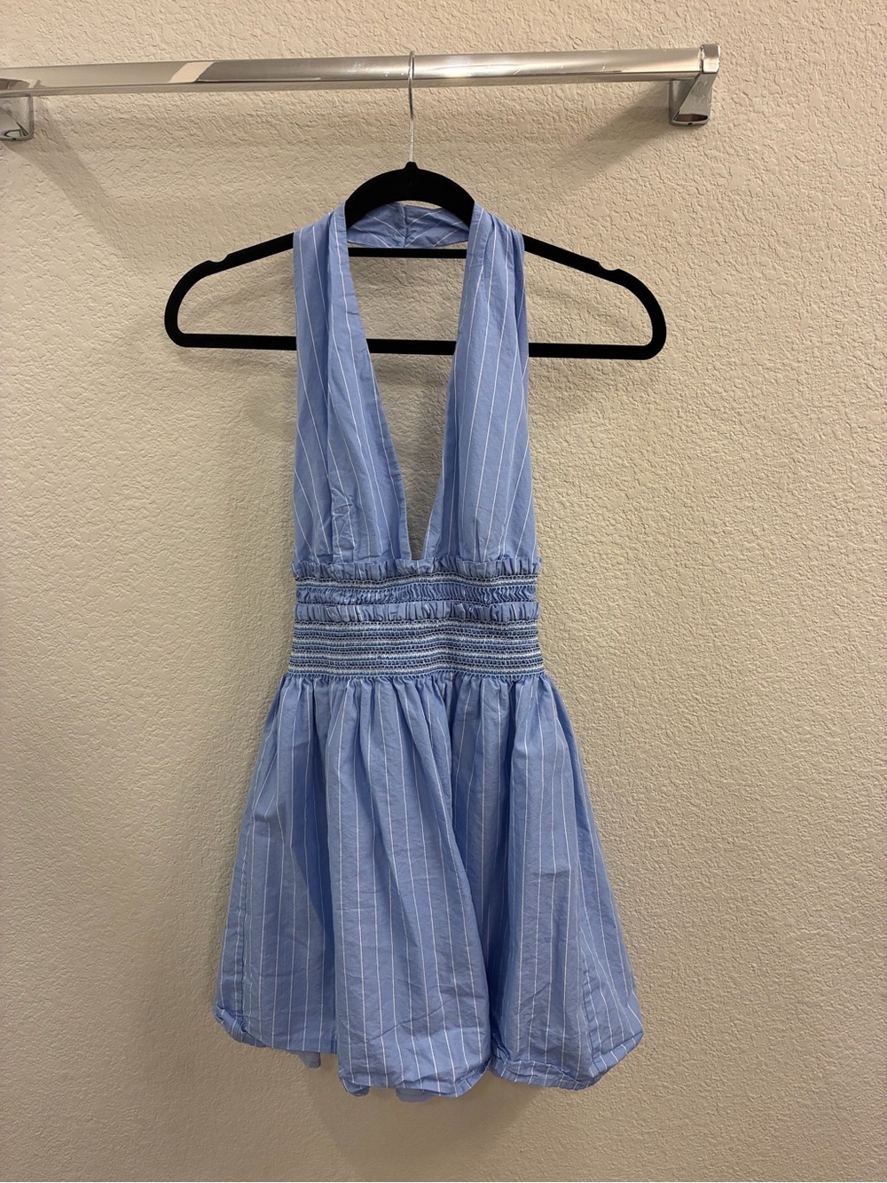 eesome Light Blue Pinstripe Halter Mini Dress
